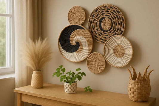 Handwoven Wall Basket Decor – Boho Woven Wall Art Set | Natural Wicker Wall Hanging | Rustic Farmhouse Home Decor | Wall Art Baskets